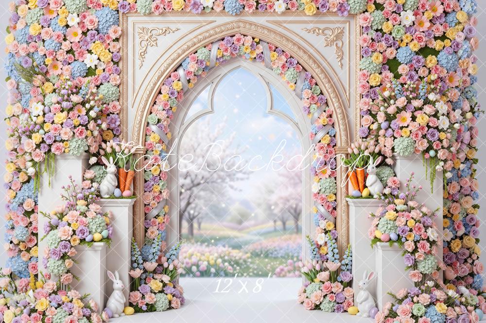 Kate Easter Bunny Flower Arch Pastel Garden Printed Backdrop Designed by Mini MakeBelieve