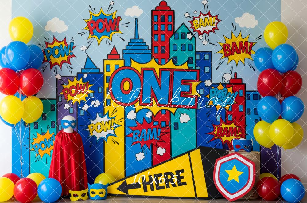 Kate Cake Smash Superhero Comic City Skyline Pop Art Backdrop Backdrop Designed by Patty Roberts