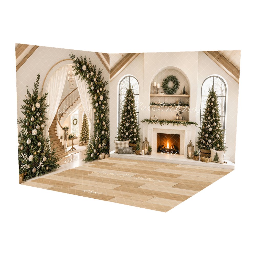 Kate Christmas Beige Fireplace Trees Staircase Arch Gable Roof Printed Backdrop Room Set