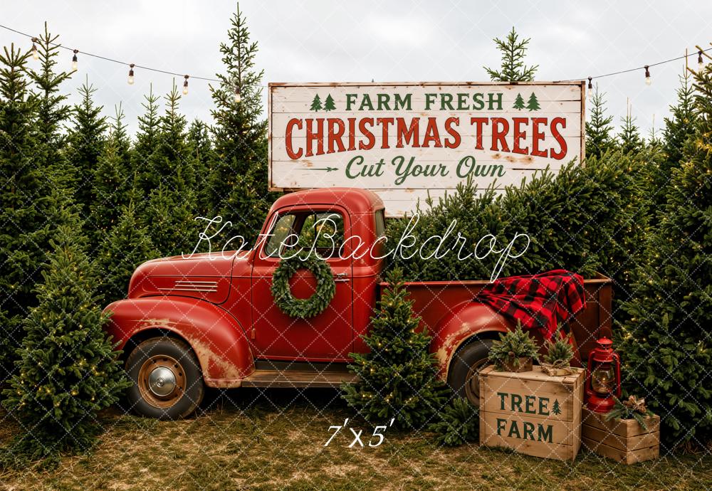 Kate Christmas Red Truck Christmas Tree Farm Printed Backdrop Designed by Emetselch