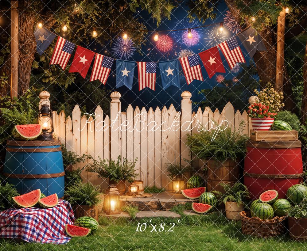 Kate Independence Day Picnic Watermelon Fireworks Printed Backdrop Designed by Emetselch