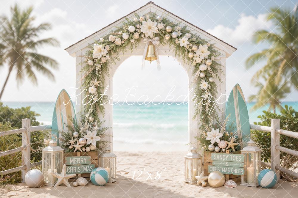 Kate Christmas Beach Arch Surfboards Garland Palm Trees Printed Backdrop Designed by Emetselch
