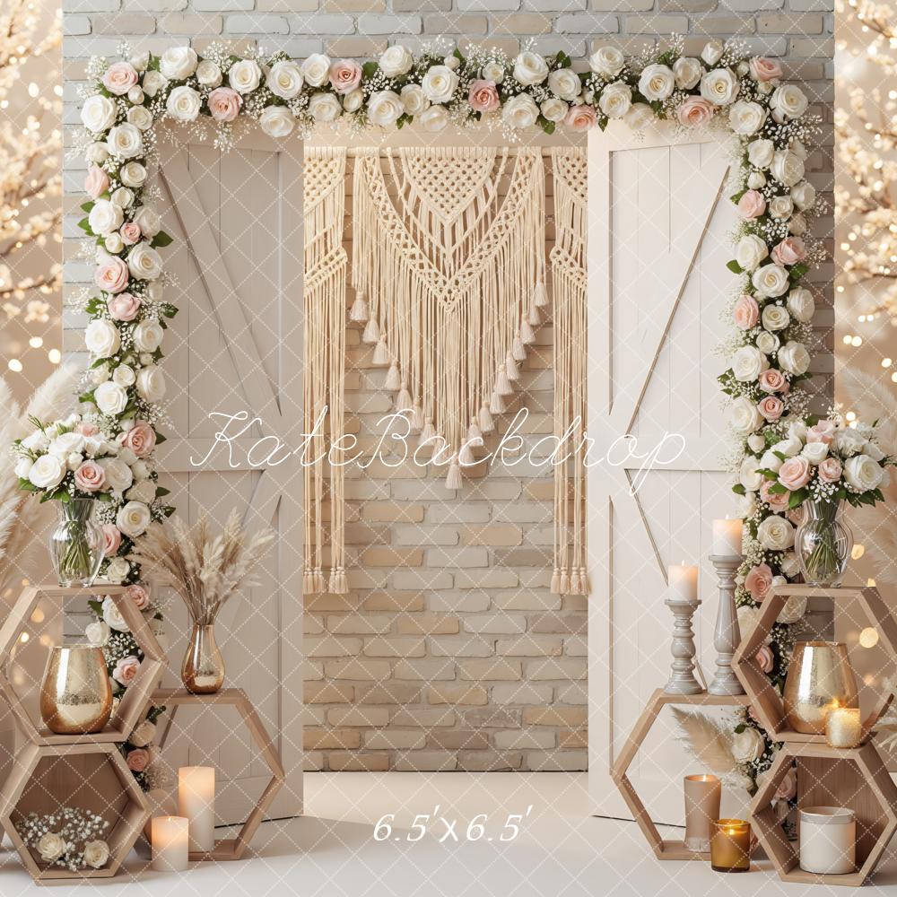 Kate Boho Flower Arch Macrame Hexagon Shelves Candles Cream Brick Wall Backdrop Designed by Mini MakeBelieve
