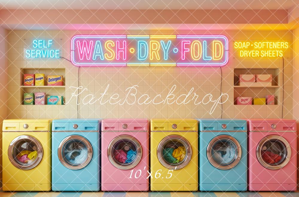 Kate Pastel Laundry Machines Neon Signs Printed Backdrop Designed by Patty Roberts