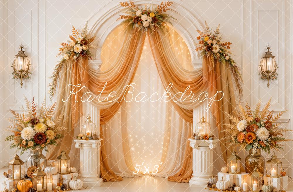 Kate Fall Drapes Flower Arch Pumpkin Candle Lantern Printed Backdrop Designed by Emetselch