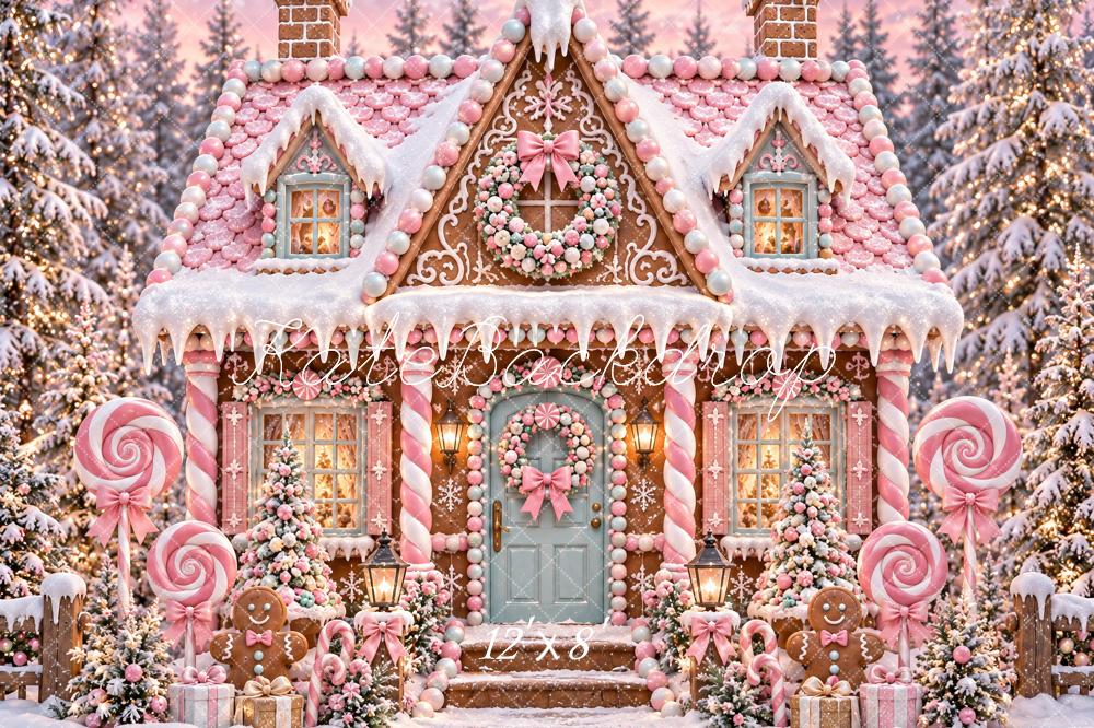 Kate Christmas Pink Gingerbread House Candy Cane Snowy Printed Backdrop Designed by Ashley Paul