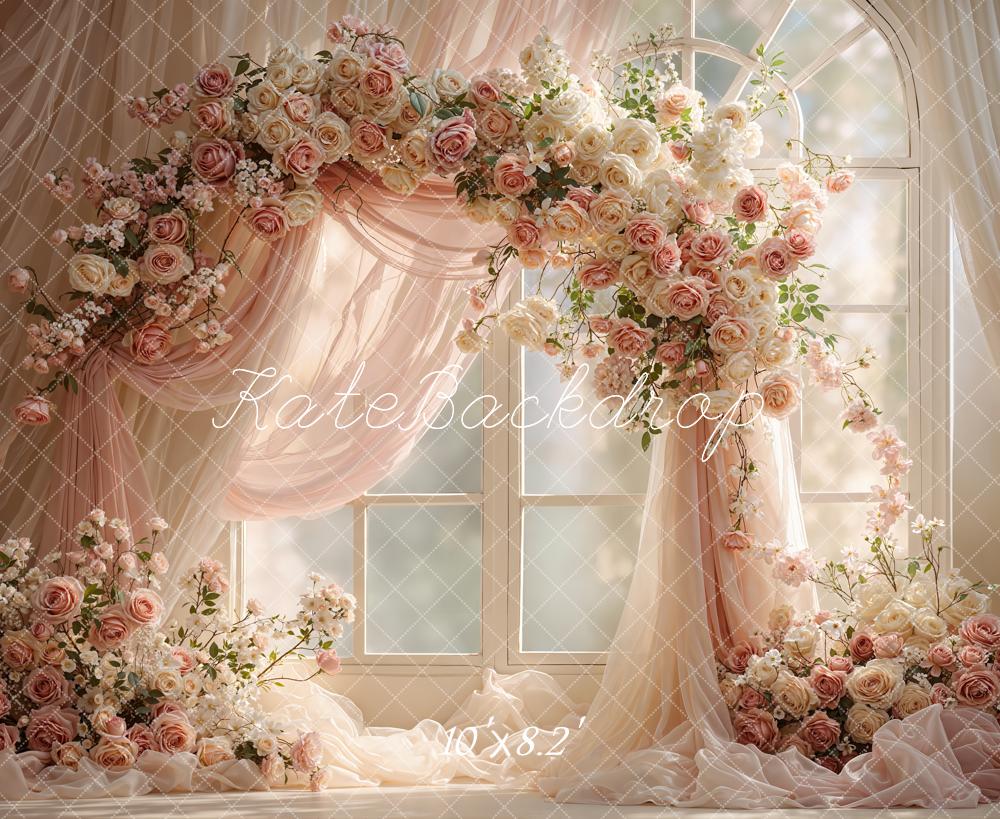 Kate Spring Flower Arch Blush Roses Drapes Window Printed Backdrop Designed by Emetselch
