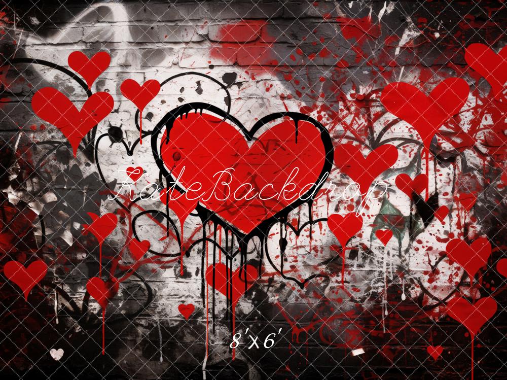 Kate Valentine's Day Graffiti Red Hearts Brick Wall Backdrop Designed by Emetselch
