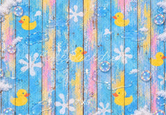 Kate Blue Rubber Duck Bubbles Wood Plank Floor Printed Backdrop Designed by Laura Bybee