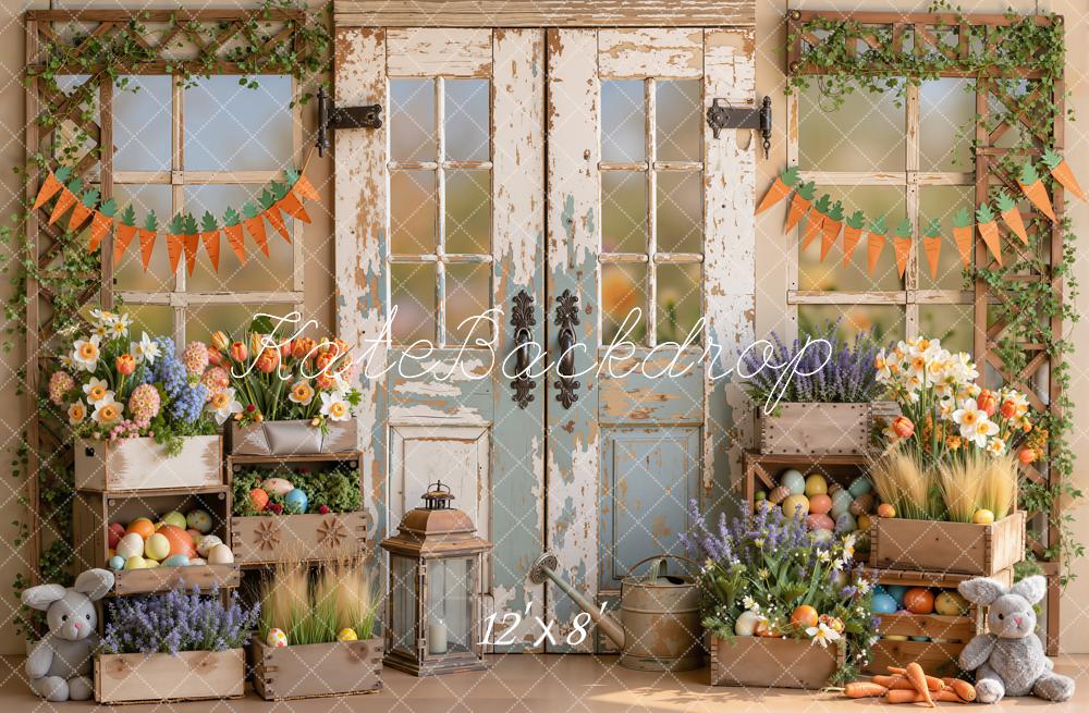 Kate Easter Rustic Wood Door Flowers Bunny Carrots Printed Backdrop Designed by Emetselch