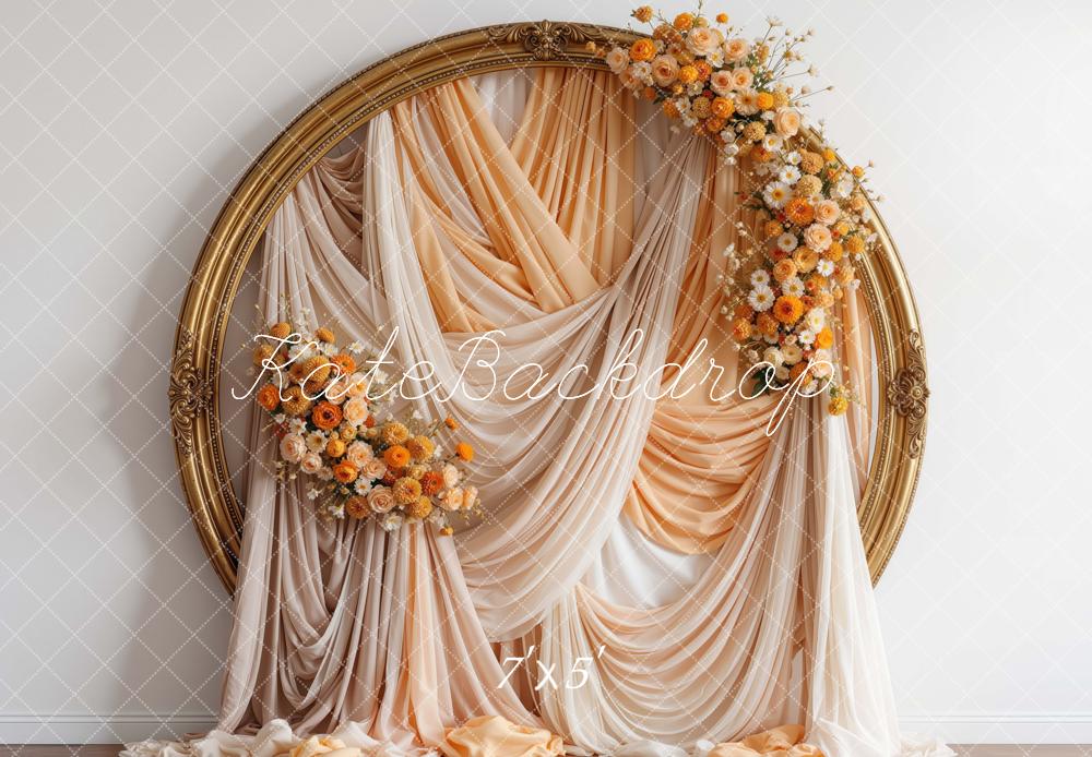 Kate Fall Flower Gold Circle Frame Peach Drapes Printed Backdrop Designed by Mini MakeBelieve