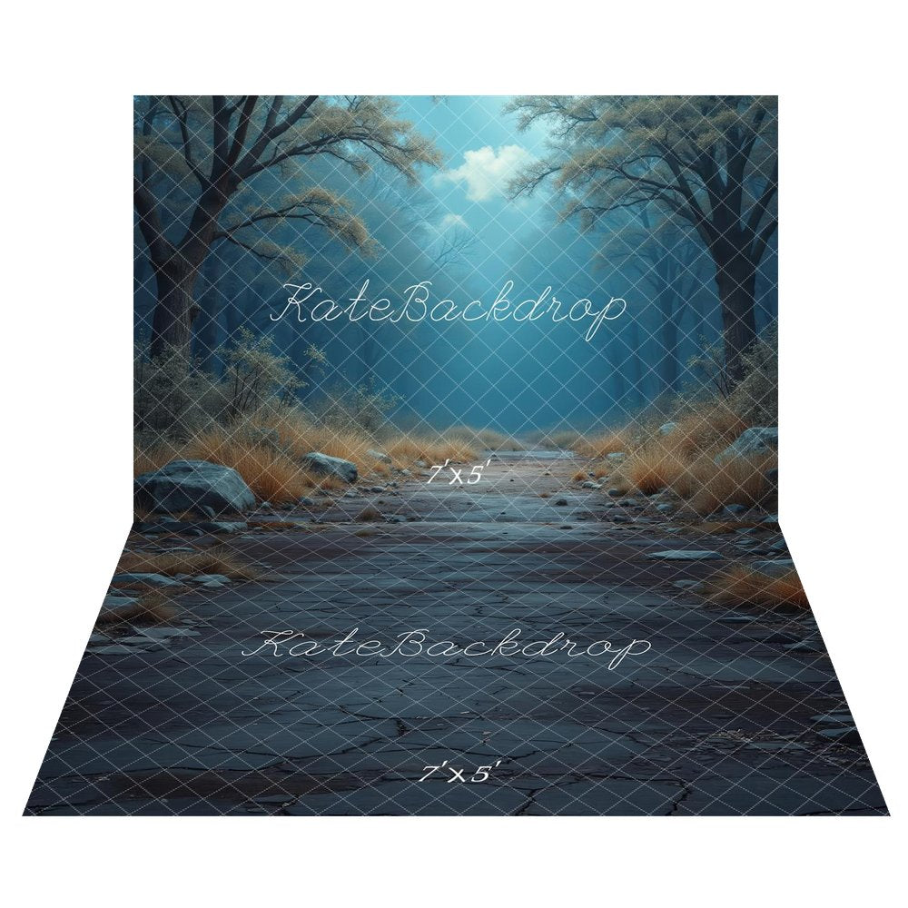 Kate Misty Forest Path Blue Printed Backdrop+Dark Cobblestone Pathway Rocks Grass Floor Printed Backdrop