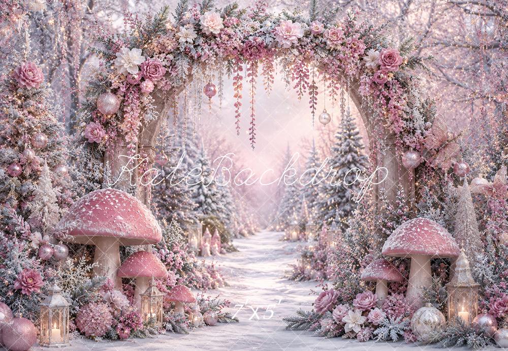 Kate Winter Wonderland Mushrooms Pink Floral Arch Snowy Forest Printed Backdrop Designed by Ashley Paul