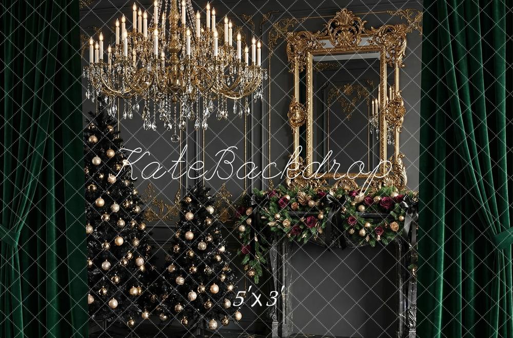 Kate Christmas Trees Luxury Gold Chandelier Garland Mirror Green Curtains Printed Backdrop Designed by Happy Squirrel Design