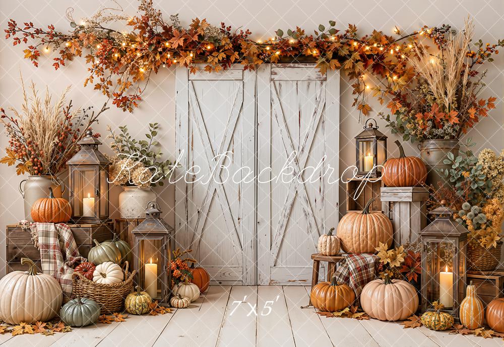 Kate Fall Rustic White Barn Door Pumpkin Lanterns Leaves Printed Backdrop Designed by Emetselch