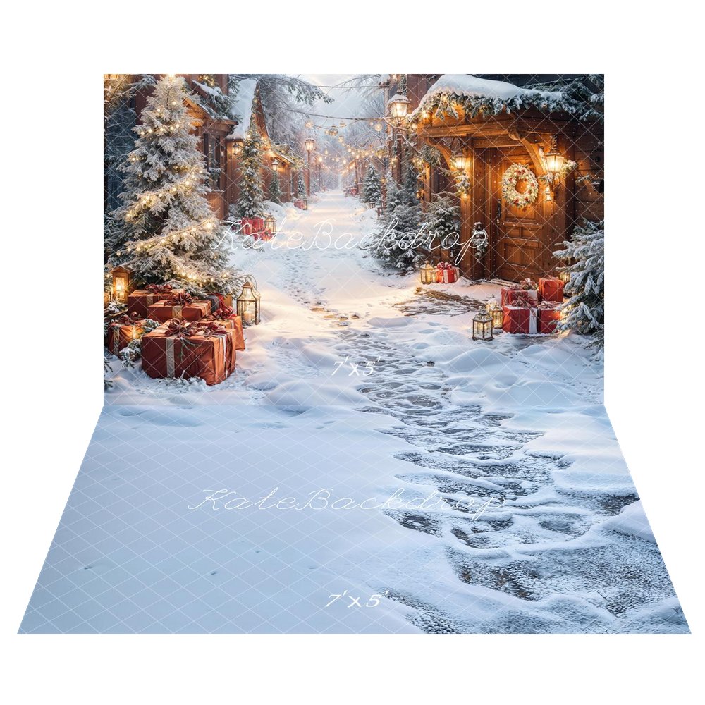 Kate Christmas Snowy Village Pine Trees Gifts Lanterns Backdrop+Winter Snowy Frozen Path Blue Backdrop