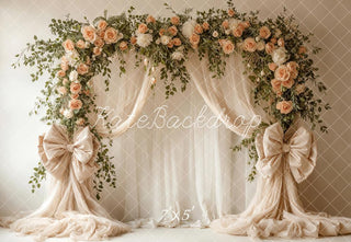 Kate Boho Flower Arch Cream Draped Bows Greenery Printed Backdrop Designed by Emetselch