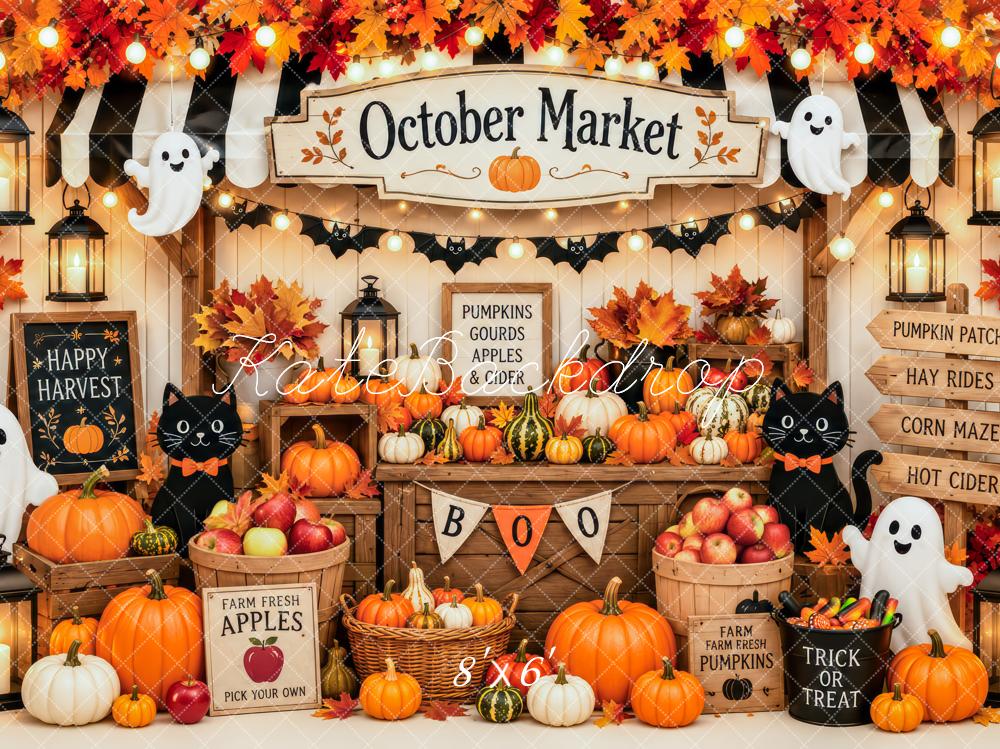 Kate Halloween Market Orange Pumpkin Ghost Cat Kids Printed Backdrop Designed by Patty Roberts