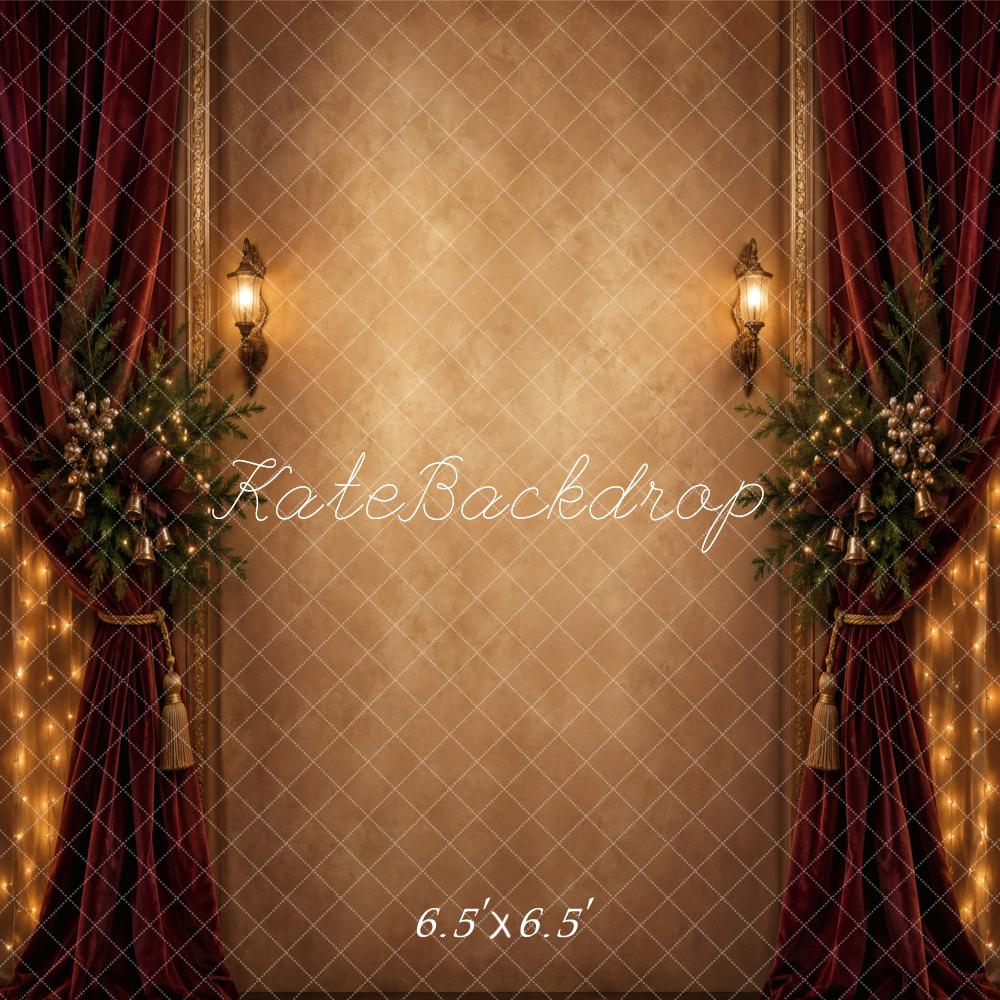Kate Christmas Burgundy Drapes Garland Lanterns Printed Backdrop Designed by Vertigo Productions
