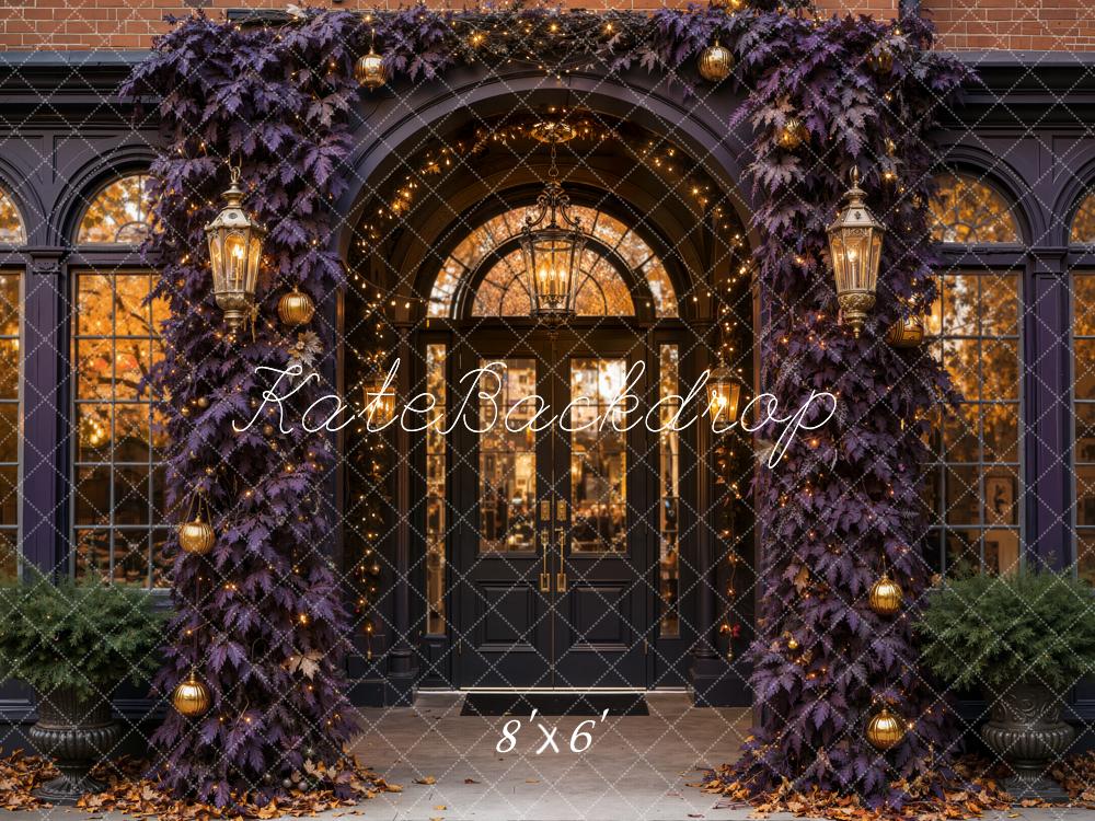 Kate Halloween Dark Purple Leaves Vintage Archway Entrance Printed Backdrop Designed by Emetselch