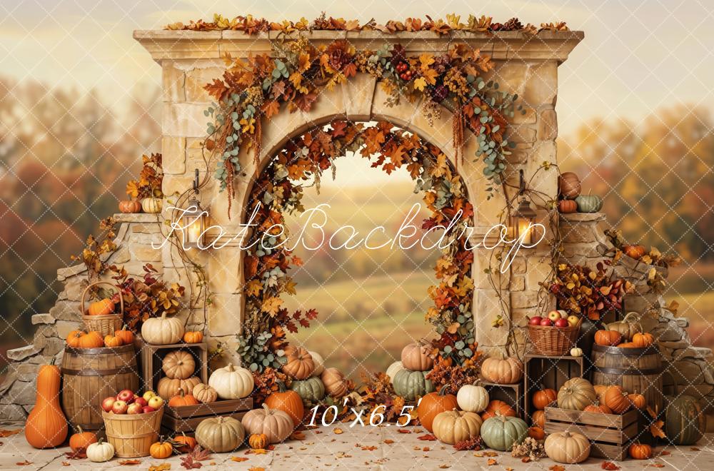 Kate Fall Stone Arch Floral Pumpkin Printed Backdrop Designed by Patty Roberts