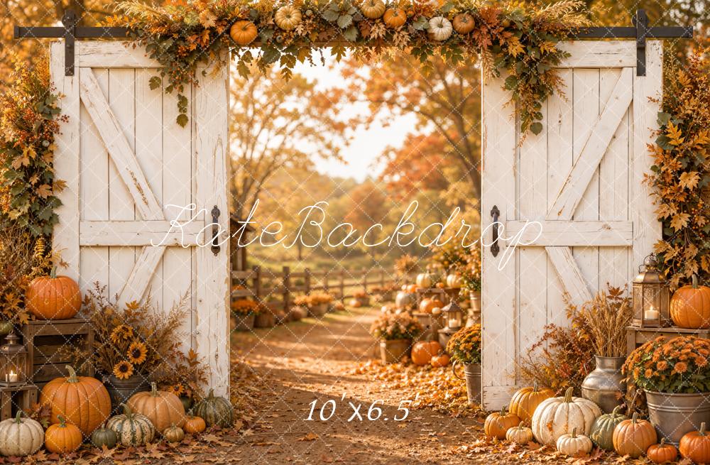 Kate Fall White Barn Door Pumpkin Floral Path Printed Backdrop Designed by Emetselch