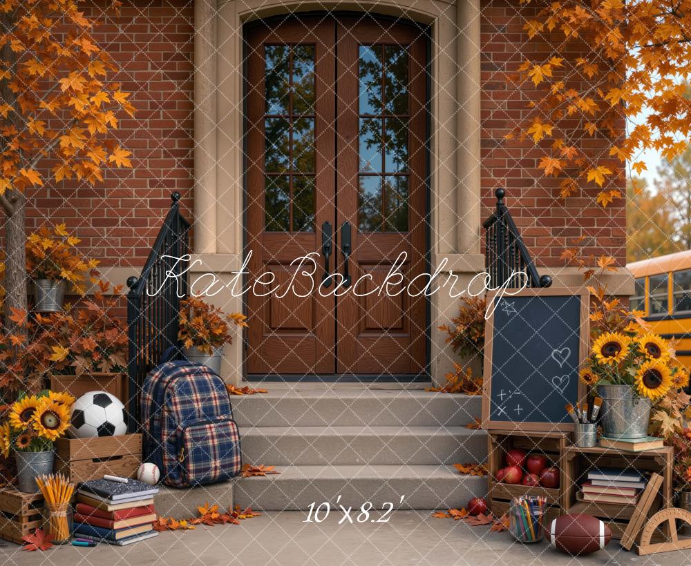 Kate Back To School Fall Brick Entrance Backpack Chalkboard Sunflowers Printed Backdrop Designed by Mini MakeBelieve