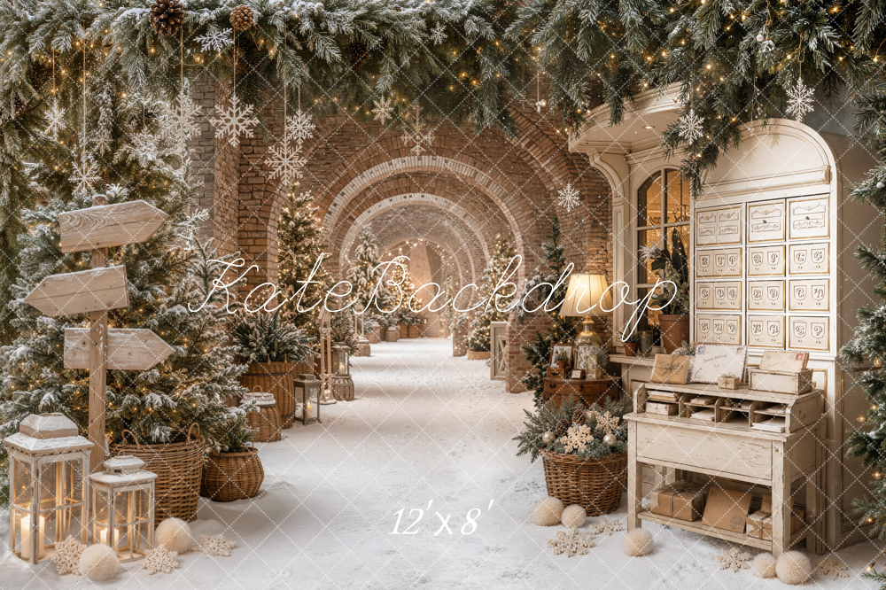 Kate Christmas Snowy Archway Pine Trees Snowflake Lanterns Printed Backdrop Designed by Emetselch
