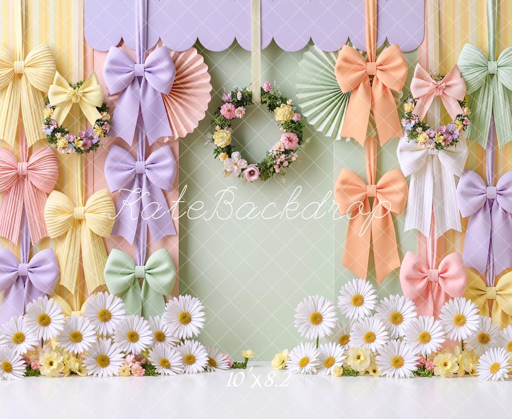 Kate Spring Pastel Bow Ribbons Floral Wreath Printed Backdrop Designed by Angela Miller