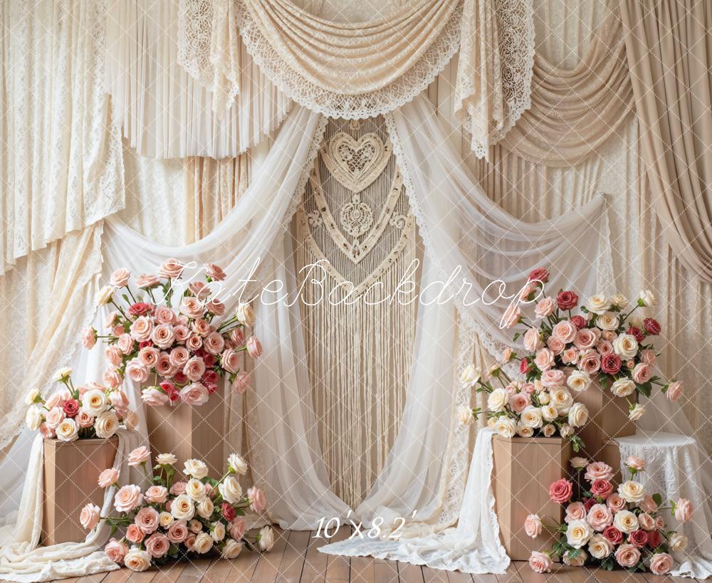 Kate Spring Flower Arch Cream Drapes Macrame Roses Backdrop Designed by Mini MakeBelieve