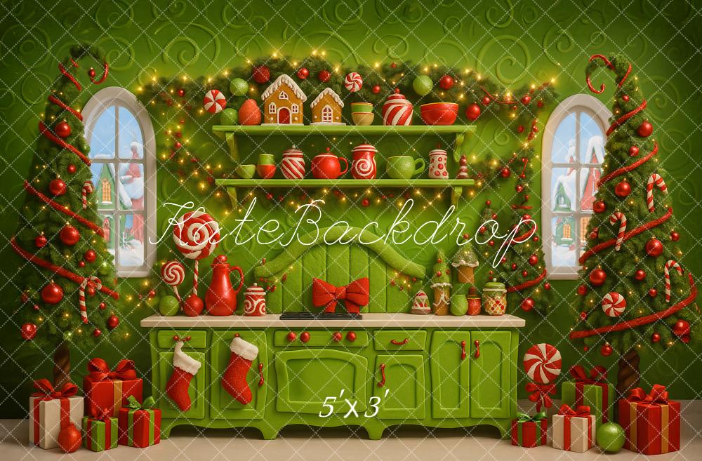 Kate Christmas Green Kitchen Trees Gifts Candy Cane Backdrop Designed by Ashley Paul