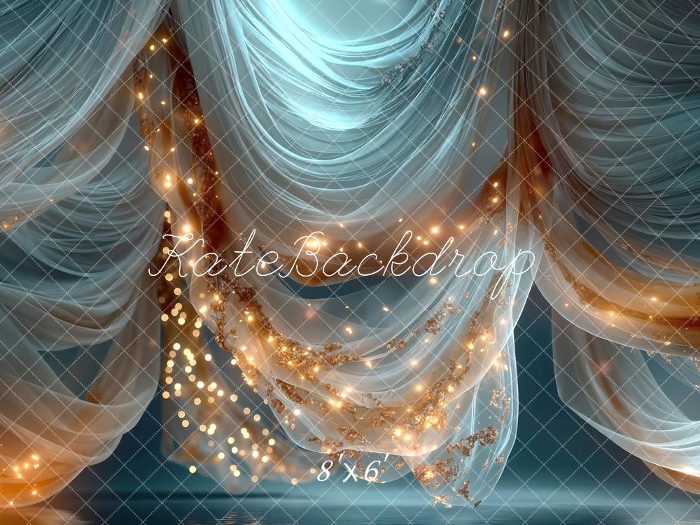 Kate Blue Sheer Drapes with String Lights Printed Backdrop Designed by Mini MakeBelieve
