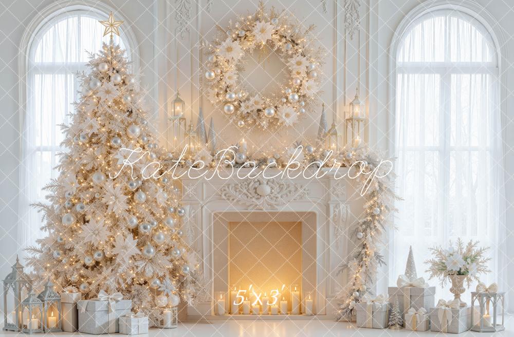Kate Christmas Tree White Elegant Wreath Fireplace Printed Backdrop Designed by Mini MakeBelieve