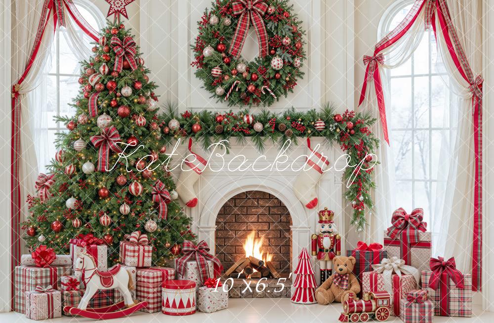 Kate Christmas Fireplace Tree Red Plaid Arched Window Wreath Printed Backdrop Designed by Mini MakeBelieve