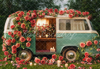 Kate Valentine's Day Floral Vintage Campervan Printed Backdrop Designed by Emetselch