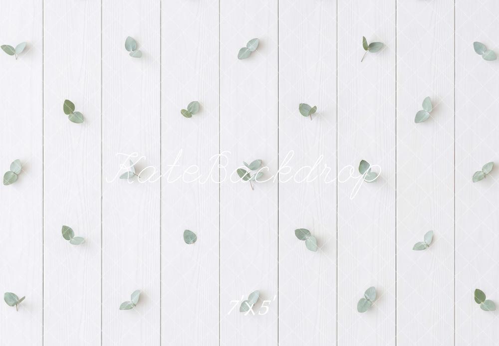 Kate White Wood Plank Green Leaves Floor Backdrop Designed by Mini MakeBelieve