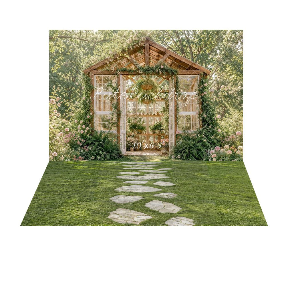 Kate Summer Flower Arch Greenhouse Garden Printed Backdrop+Stone Pathway on Green Grass Printed Backdrop