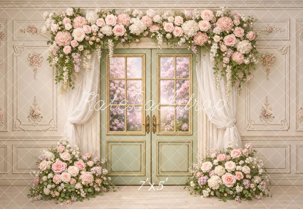 Kate Spring Flower Arch French Door Floral Wall Backdrop Designed by Chain Photography