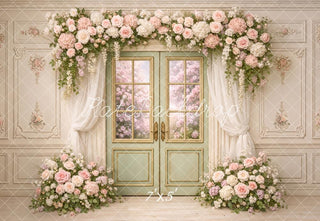 Kate Spring Flower Arch French Door Floral Wall Printed Backdrop Designed by Chain Photography