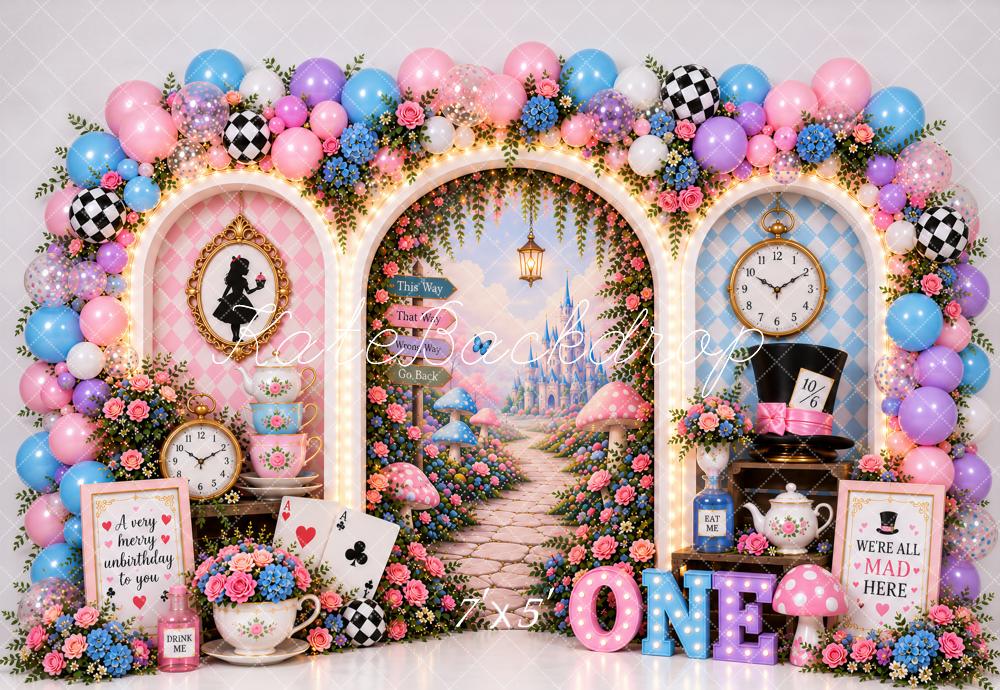 Kate First Birthday Whimsical Wonderland Tea Party Balloon Arch Printed Backdrop Designed by Ashley Paul