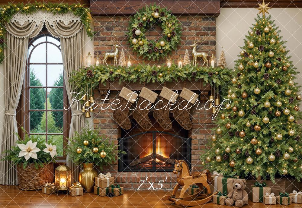 Kate Christmas Stone Fireplace Tree Wreath Window Printed Backdrop Designed by Mini MakeBelieve