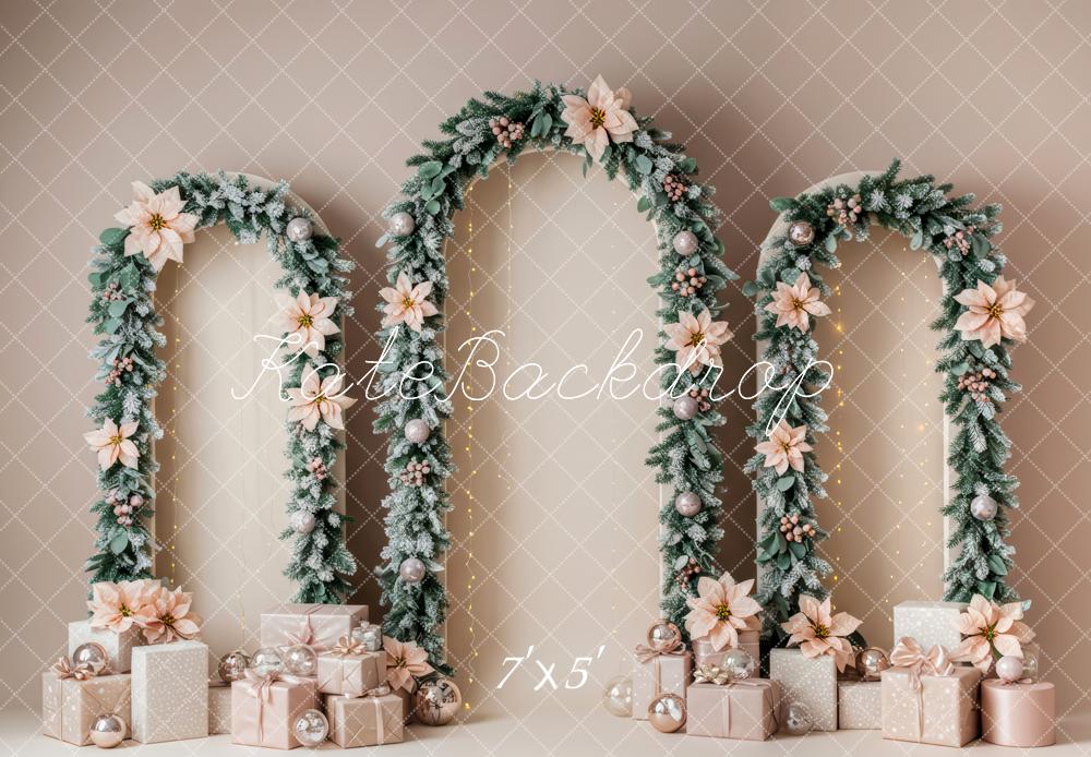 Kate Christmas Flower Arch Green Garland Pink Presents Backdrop Designed by Patty Roberts