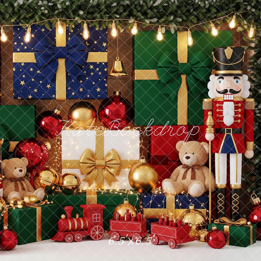 Kate Christmas Nutcracker Gift Boxes Drum Train Teddy Bear Backdrop Designed by Patty Roberts
