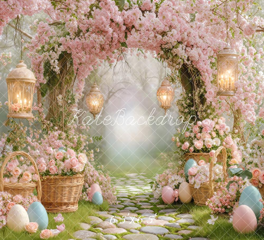 Kate Easter Flower Arch Pink Blossoms Pastel Easter Eggs Cobblestone Path Backdrop Designed by Emetselch