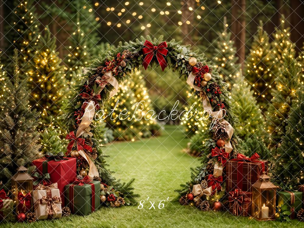 Kate Christmas Trees Greenery Arch Red Plaid Bows Gift Lights Printed Backdrop Designed by Emetselch