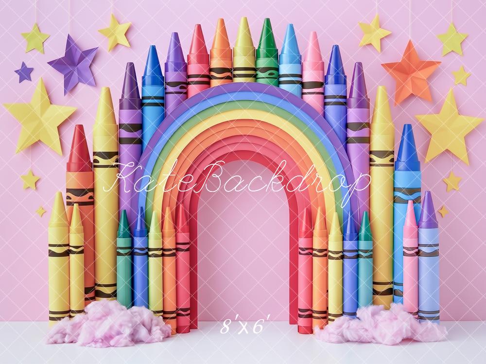 Kate Back To School Crayon Arch Pink Rainbow Stars Printed Backdrop Designed by Angela Miller