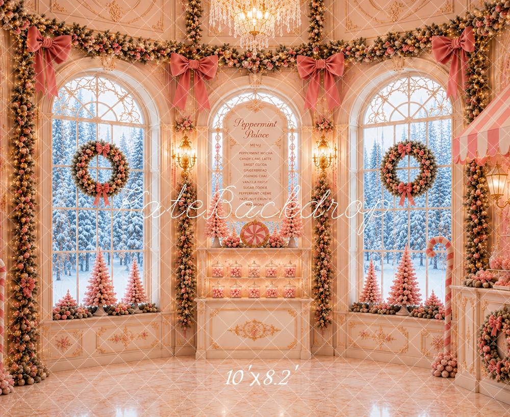 Kate Christmas Pink Palace Peppermint Candy Shop Window Snowy Printed Backdrop Designed by Caitlin Lynch