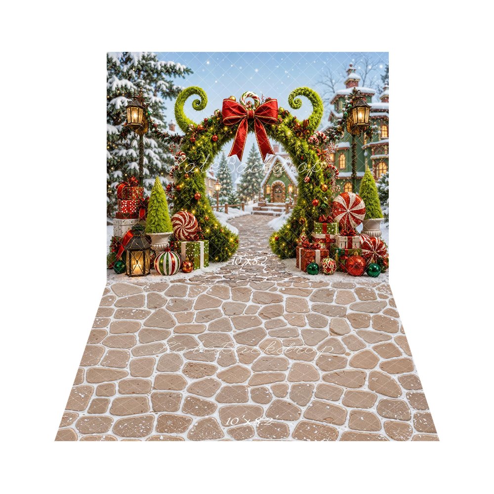 Kate Christmas Fantasy Green Arch Peppermint Presents Snow Village Printed Backdrop+Beige Cobblestone Wall Texture Printed Backdrop