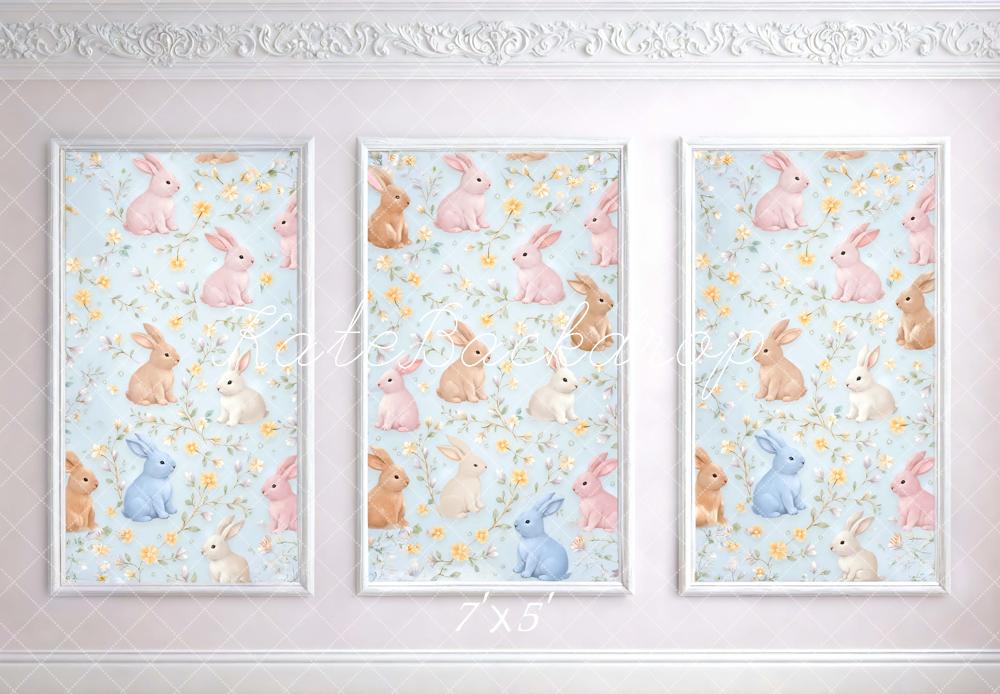 Kate Easter Bunny Floral Pastel Blue Wall Printed Backdrop Designed by Mini MakeBelieve