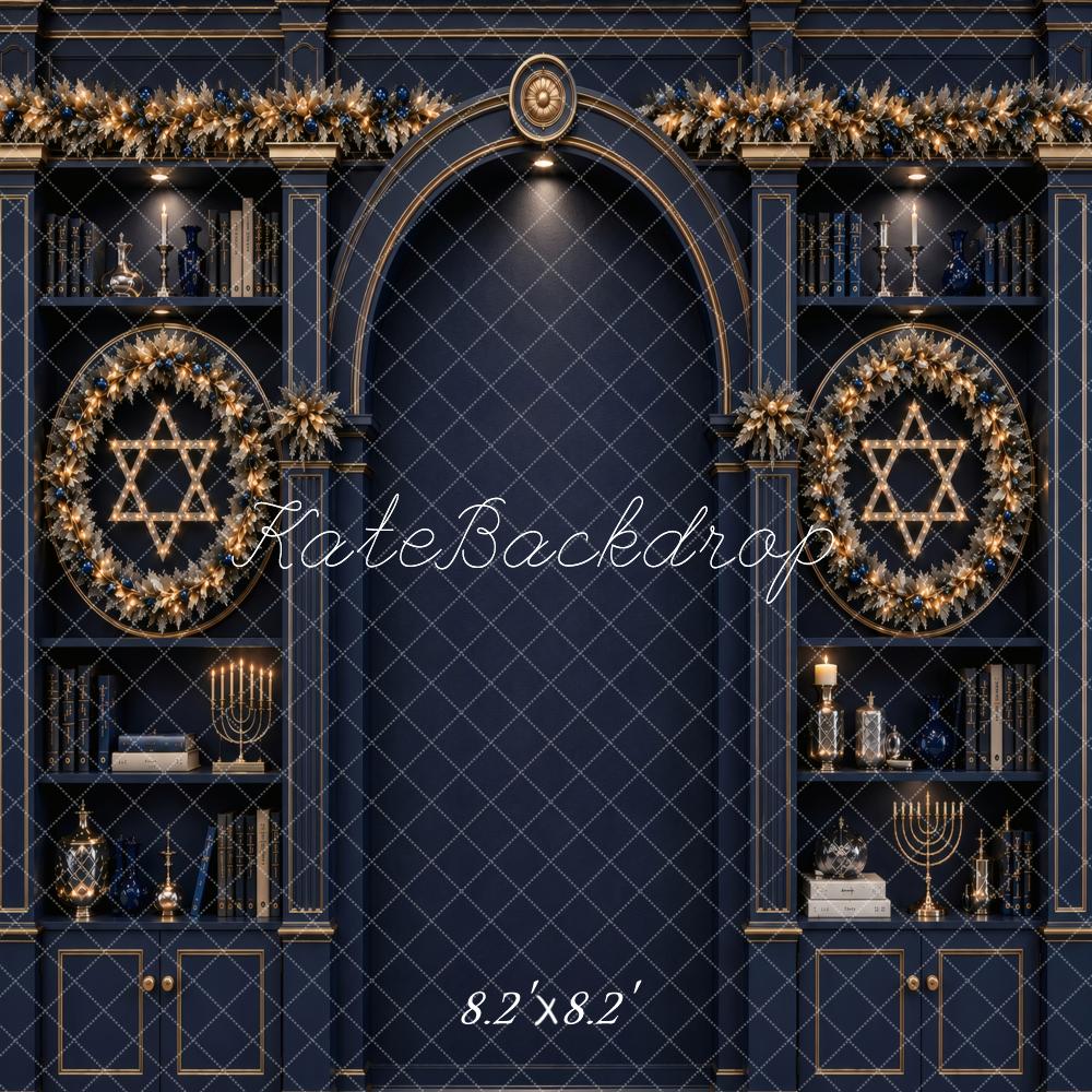 Kate Hanukkah Blue Bookshelf Arch Wreath Menorah Printed Backdrop Designed by Vertigo Productions